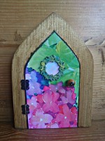 Watercolour hydrangea decoupage fairy door with wreath