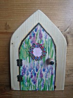Watercolour grape hyacinth decoupage fairy door with floral wteath