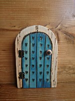 Blue wash fairy door with pyrographed hearts