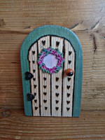 Pyrographed hearts tiny fairy door with wteath